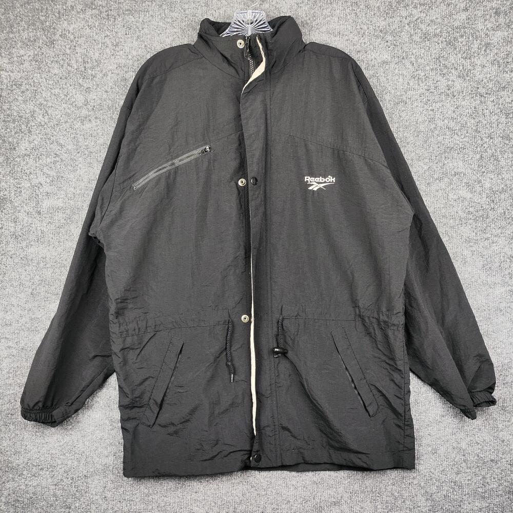 Reebok Jacket Mens Small Black Hooded Long Windbreaker Zip Pockets Nylon Lined